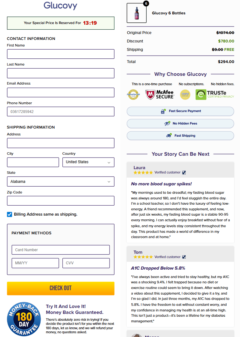 Glucovy order page